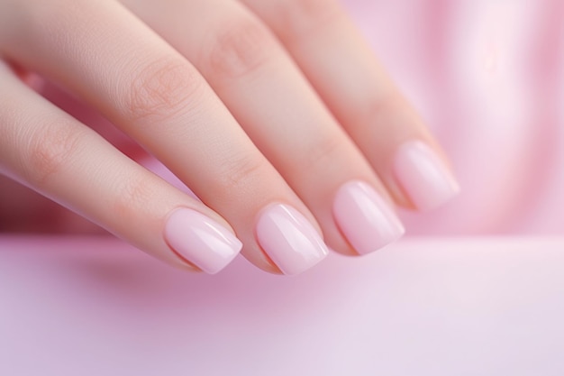 Perfekte rosa Nägel-Maniküre auf einem pastellrosa Hintergrund Nagelsalon-Werbung