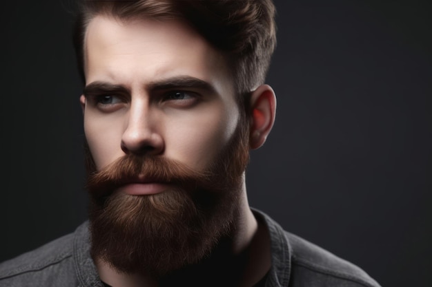 Perfekter Bart, Nahaufnahme eines jungen bärtigen Mannes, der vor grauem Hintergrund steht