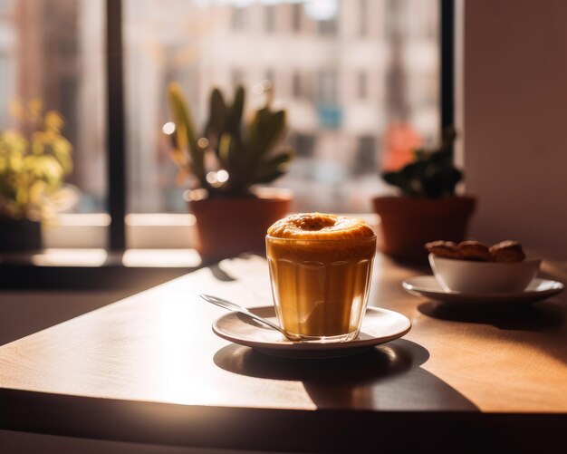 Perfektes Cortado und ein Backen auf einem Tisch eine Tasse Kaffee auf einem Holztisch