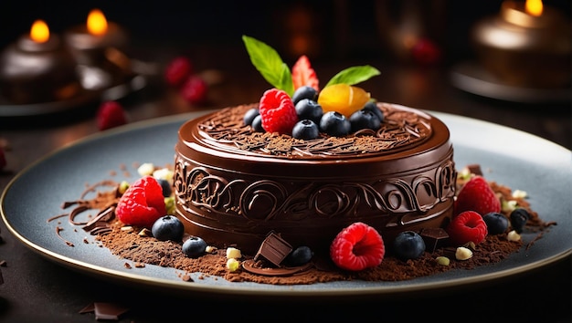 Perfektes Schokoladen-Dessert, wunderschön geschmückt mit komplizierten