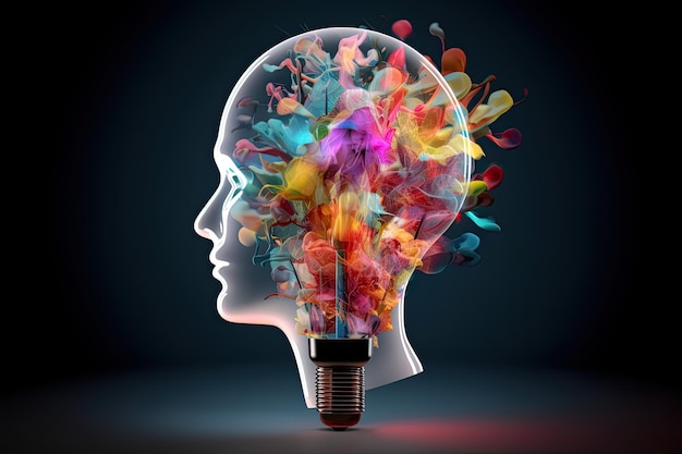 Perfil colorido de uma cabeça iluminada como uma lâmpada, um símbolo da criatividade da inteligência da atividade mental em um fundo escuro Generative AI