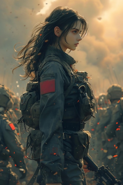 perfil de cuerpo completo anime versión femenina de la guerra general caminando delante de un ejército