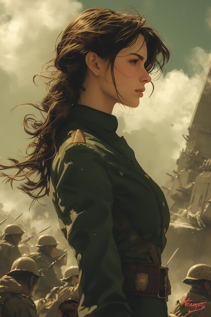 perfil de cuerpo completo anime versión femenina de la guerra general caminando delante de un ejército