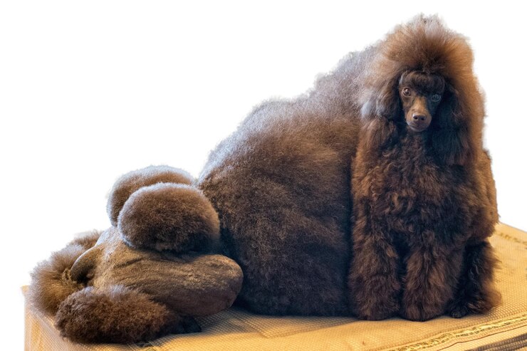 Foto perfil de cachorro preto poodle gigante em branco