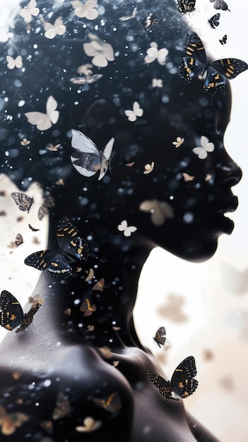 Perfil de mulher negra com borboletas voando da cabeça conceito de saúde mental