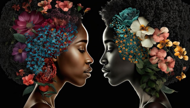 Perfil de um casal com os rostos juntos e rodeados de flores em um fundo preto Conceito de relacionamento e amor IA generativa