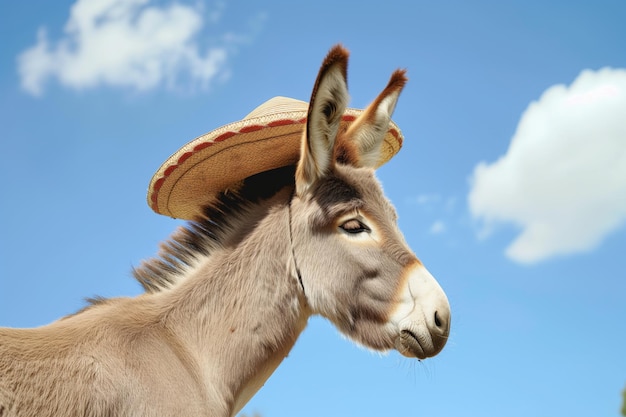 Perfil de um jumento em um sombrero contra um fundo de céu azul