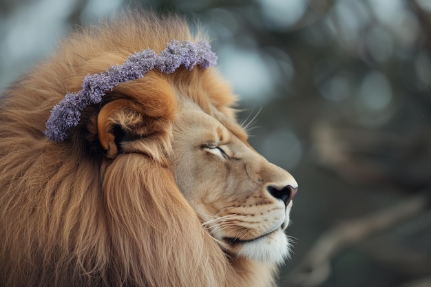 Perfil de um leão com uma coroa de lavanda olhos fechados