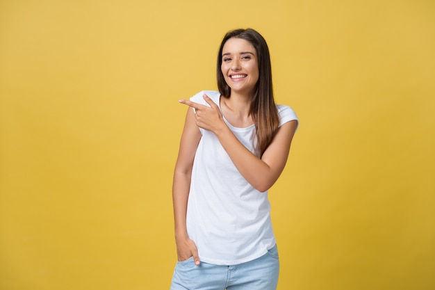 Perfil, de, um, mulher aponta, ligado, espaço cópia, para, um, anúncio