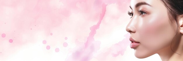 Perfil de uma bela mulher com maquiagem suave em um delicado fundo de aquarela rosa