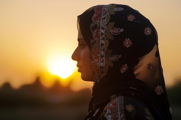 Perfil de uma mulher com um hijab bordado contra um pôr-do-sol