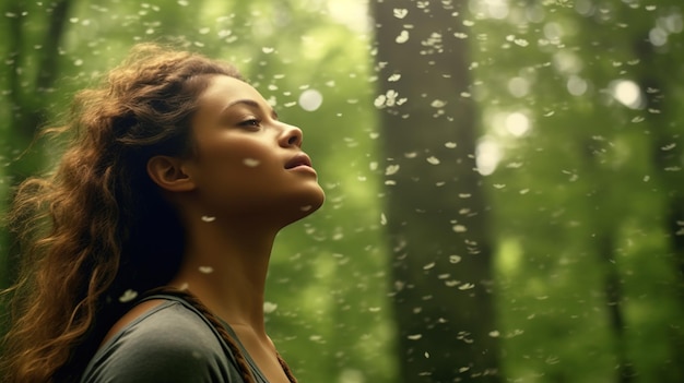 Perfil de uma mulher relaxada respirando ar fresco em uma floresta verde