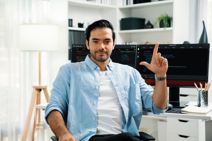 Foto perfil desarrollador de ti inteligente mirando la cámara contra la pantalla de la computadora de codificación suposición