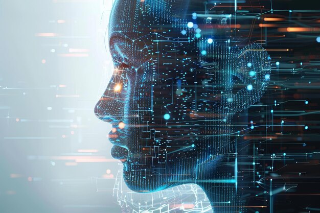 Perfil digital de uma cabeça humana com conexões brilhantes visualizando processamento de dados avançado