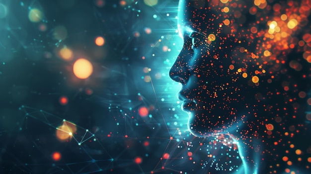 Perfil digital de un rostro humano con puntos brillantes y conectados Concepto de tecnología de IA e interacción virtual