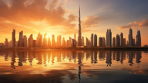 Perfil de edificios de la ciudad de Dubai al atardecer en los Emiratos Árabes Unidos