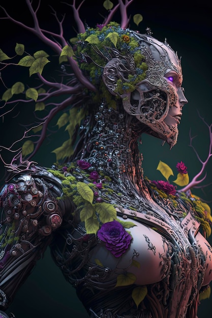 Perfil de la emperatriz del árbol biocyborg hecho de huesos y mecanismos de metal y árboles y musgo y enredaderas y flores pequeñas AIGenerated