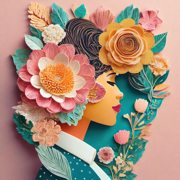 Perfil feminino do Dia Internacional da Mulher com flores em estilo aplique em fundo pastel