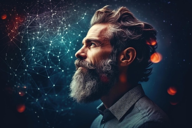 Perfil de hombre barbudo con neuronas cerebrales pensamiento cósmico cielo nocturno