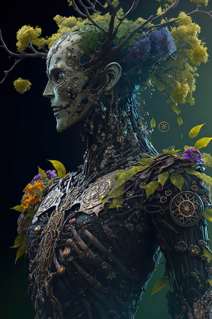 Perfil imperatriz da árvore biociborgue feita de mecanismos de osso e metal e árvores e musgo e videiras e pequenas flores AIGenerated