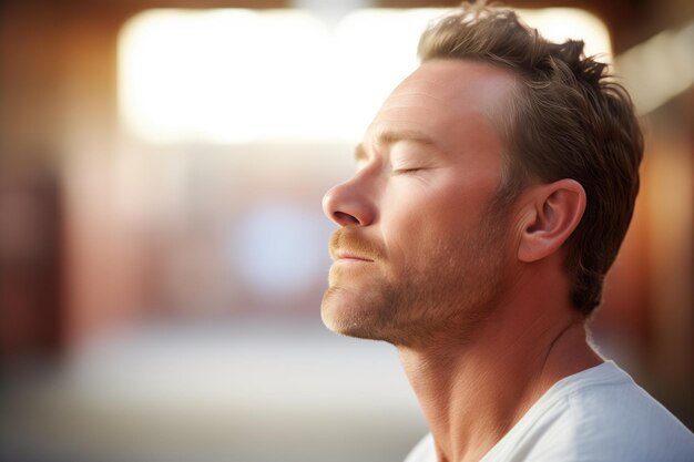 Perfil del instructor meditando con los ojos cerrados en un entorno sereno