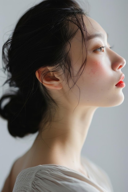 Perfil de una joven de Asia Oriental con maquillaje natural y labios rojos