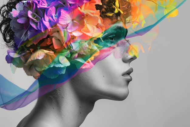 Perfil de un joven con una vibrante corona floral y seda de colores que fluye a su alrededor