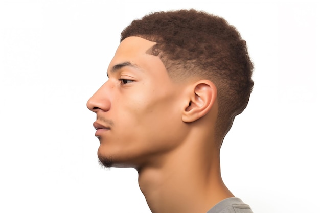 Perfil lateral com corte de cabelo afro detalhado e pele clara