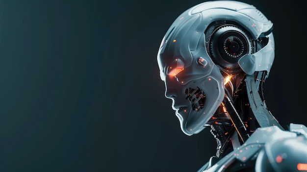 Perfil lateral da cabeça do robô humanoide com partes mecânicas expostas