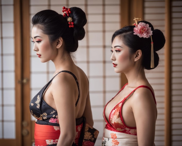 Foto perfil lateral de dos atractivas geishas japonesas con kimonos