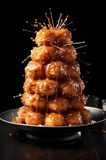 Foto el perfil lateral imponente y dramático de un croquembouche de caramelo