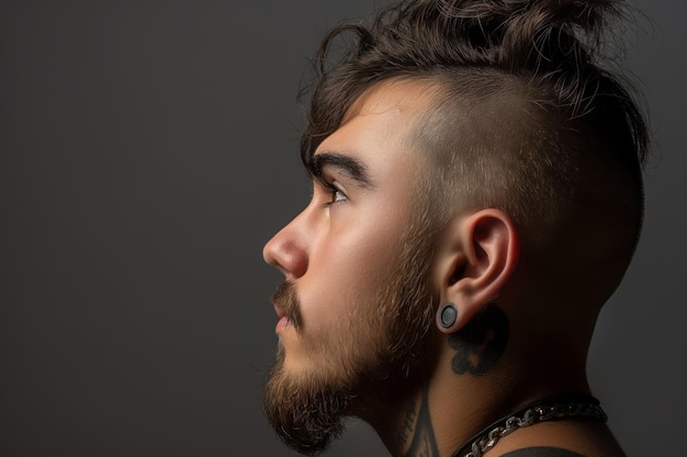 Perfil lateral de un joven con un corte de pelo mohawk, piercings y barba