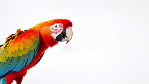 Foto el perfil medio del loro macaw muestra plumas rojas, amarillas y azules brillantes contra un fondo blanco.