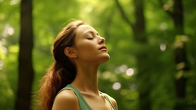 Perfil de una mujer relajada que respira aire fresco en un bosque verde