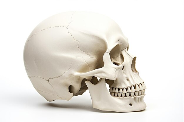 Perfil natural de cráneo blanco aislado en fondo blanco para medicamentos y salud Vista lateral de