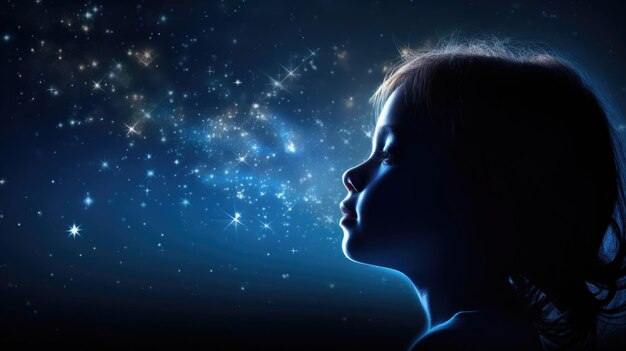 Perfil de niña con sueños de mundo imaginario en su cabeza estrellas y espacio