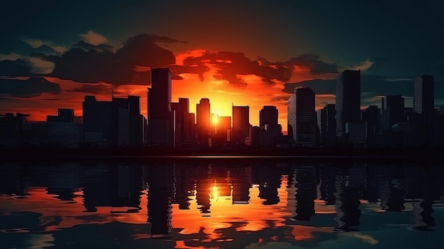 Foto el perfil oscuro de la ciudad en contraste con una puesta de sol brillante