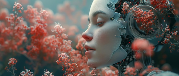 Un perfil de personalidad de IA Una inteligencia artificial con una cabeza humanoide tomando una flor robótica en la mano Un concepto de ciencia ficción Una red neuronal de computadora aprende el mundo Se utiliza el análisis digital del cerebro