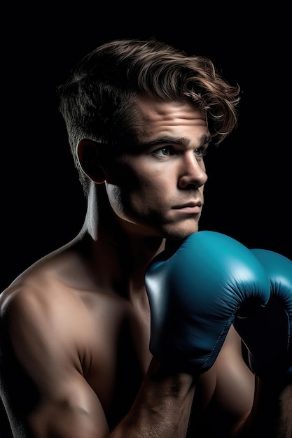 El perfil de primer plano del boxeador caucásico con guantes azules protege el fondo negro