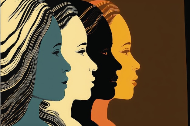 Perfil del rostro de la mujer con un grupo de mujeres diversas concepto antirracismo Concepto de fantasía Pintura de ilustración IA generativa