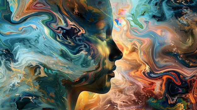 Perfil surrealista de um rosto humano se misturando em texturas abstratas coloridas que representam criatividade, imaginação e expressão artística