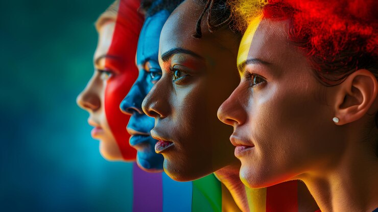 Foto perfiles fotorrealistas de atletas misturados com a bandeira do orgulho para a inclusão da diversidade no ideal esportivo