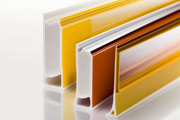 Perfiles de ventana de plástico PVC de diferentes colores en la sección aislado sobre fondo blanco.