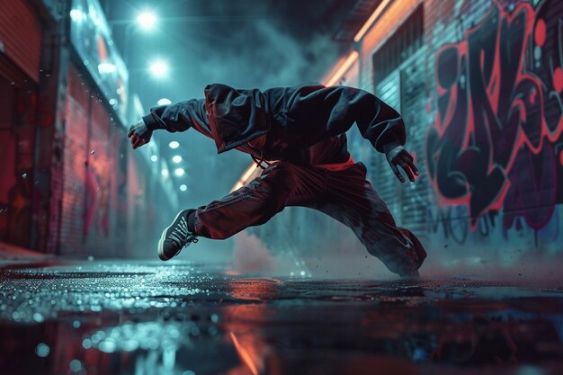 Foto performance de breakdance dinâmica em um ambiente urbano