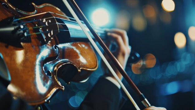 Performance íntima de violino capturada com luzes de concerto bokeh