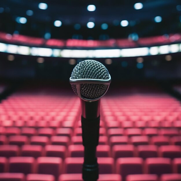 Foto performance pública no microfone do palco no palco contra o fundo do auditório