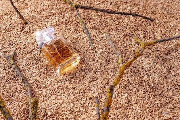 Perfume en una botella de sprayramas de árbol con líquenes sobre un fondo de virutas de corteza