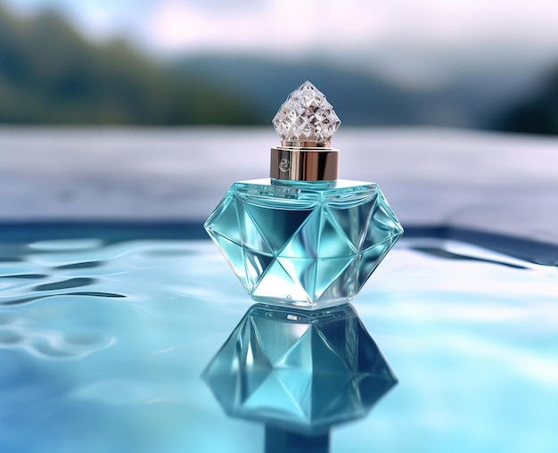 Perfume cosmético abstrato na piscina azul simula publicidade