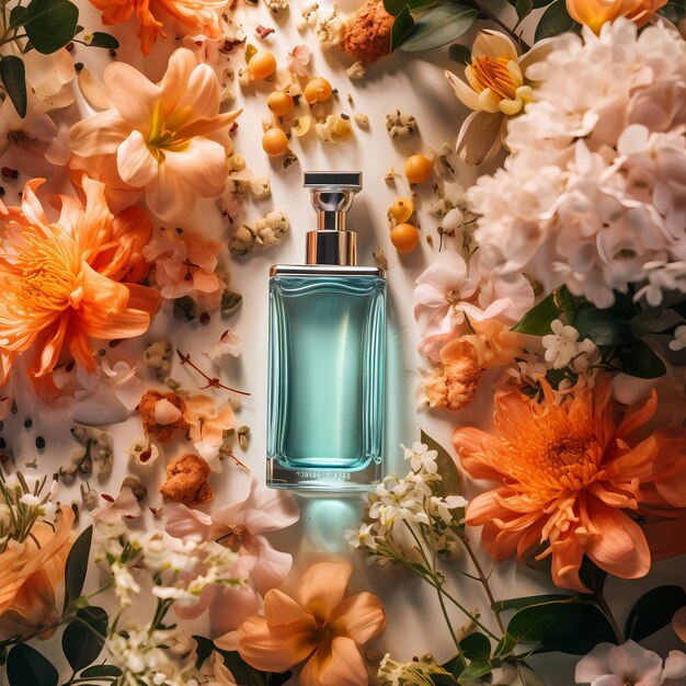 Foto perfume de luxo ou frasco de creme cercado por peônias de orquídea ou outro creme de flores no estande ai