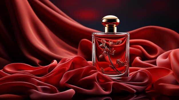Perfume de elegancia de lujo y tela roja